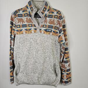 Simply Southern Bear Jeep Print Pullover Size M Gray Brown Aztec 1/4 Snap Fall